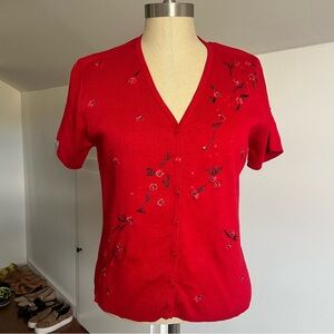 Vintage R & K Original red cardigan with embroidered and beaded floral appliqués